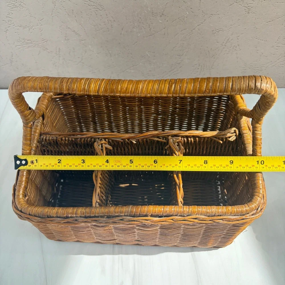 Vintage Wicker Utensil Caddy Handwoven Silverware Napkin Holder Brown Basket